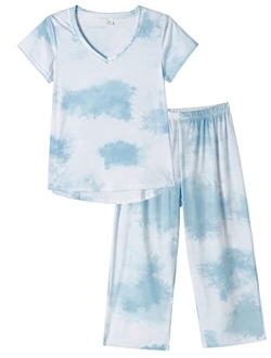 HONG HUI Women's Capri Pajama Sets Plus Size Sleepwear Top with Capri Pants 2 Piece Sleep Set