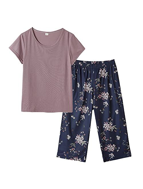 HONG HUI Women's Capri Pajama Sets Plus Size Sleepwear Top with Capri Pants 2 Piece Sleep Set