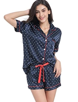 Serenedelicacy Women's Satin Pajama Set 2-Piece Sleepwear Loungewear Button Down Short Sleeve PJ Set