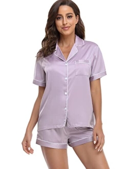 Serenedelicacy Women's Satin Pajama Set 2-Piece Sleepwear Loungewear Button Down Short Sleeve PJ Set