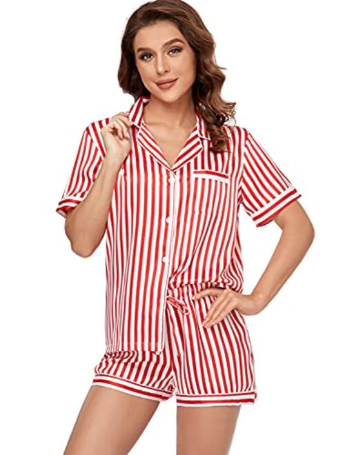 Serenedelicacy Women's Satin Pajama Set 2-Piece Sleepwear Loungewear Button Down Short Sleeve PJ Set