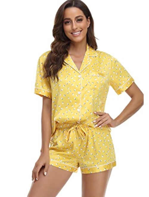 Serenedelicacy Women's Satin Pajama Set 2-Piece Sleepwear Loungewear Button Down Short Sleeve PJ Set