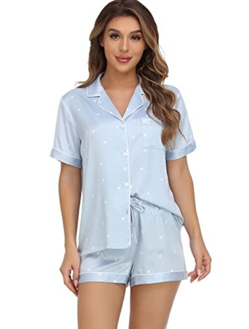 Serenedelicacy Women's Satin Pajama Set 2-Piece Sleepwear Loungewear Button Down Short Sleeve PJ Set