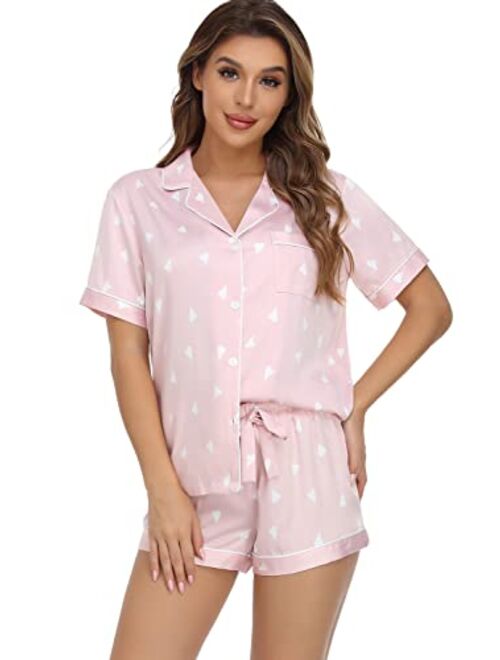 Serenedelicacy Women's Satin Pajama Set 2-Piece Sleepwear Loungewear Button Down Short Sleeve PJ Set