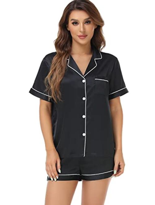 Serenedelicacy Women's Satin Pajama Set 2-Piece Sleepwear Loungewear Button Down Short Sleeve PJ Set