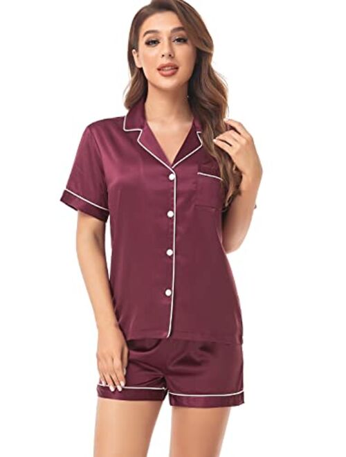 Serenedelicacy Women's Satin Pajama Set 2-Piece Sleepwear Loungewear Button Down Short Sleeve PJ Set