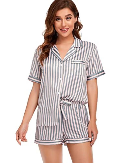 Serenedelicacy Women's Satin Pajama Set 2-Piece Sleepwear Loungewear Button Down Short Sleeve PJ Set