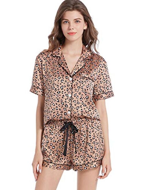 Serenedelicacy Women's Satin Pajama Set 2-Piece Sleepwear Loungewear Button Down Short Sleeve PJ Set