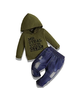 Nzrvaws Boy Clothes Baby Toddler Boy Clothing Sweater Long Sleeve Hoodie Sweatsuit Top Ripped Jeans Long Pants 2 Piece Outfit Set