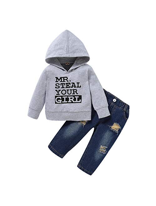 Nzrvaws Boy Clothes Baby Toddler Boy Clothing Sweater Long Sleeve Hoodie Sweatsuit Top Ripped Jeans Long Pants 2 Piece Outfit Set