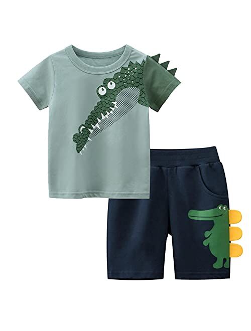 IjnUhb Toddler Boy Clothes Cartoon Cotton Summer Short Sleeve T-Shirt and Shorts Kids Outfit Set 2-7 Year