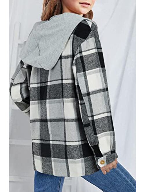 Tymidy Girls Cute Flannel Plaid Button Down Top with Pockets Long Sleeve Hooded Jacket