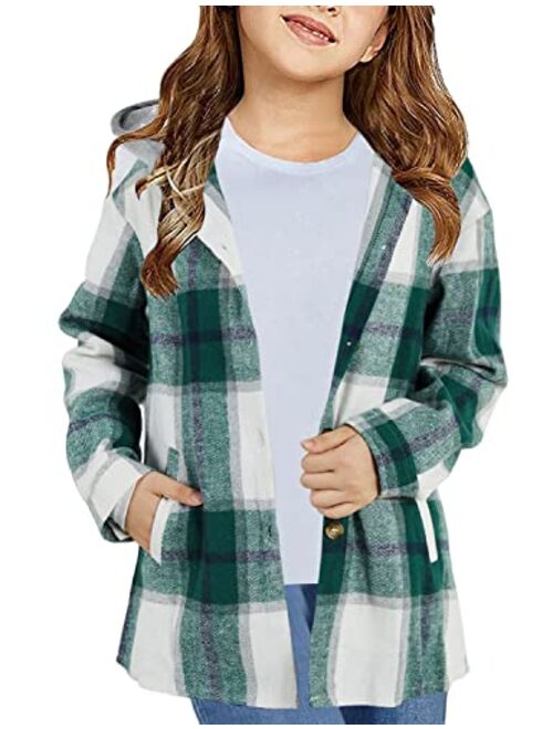 Tymidy Girls Cute Flannel Plaid Button Down Top with Pockets Long Sleeve Hooded Jacket