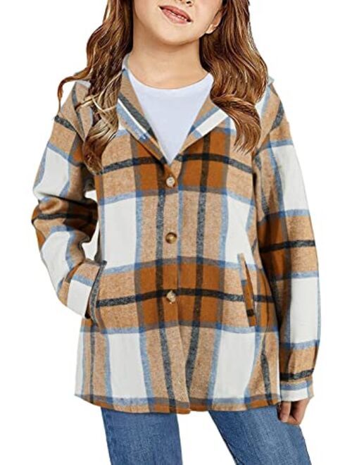 Tymidy Girls Cute Flannel Plaid Button Down Top with Pockets Long Sleeve Hooded Jacket