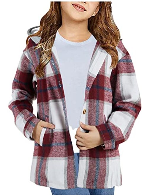 Tymidy Girls Cute Flannel Plaid Button Down Top with Pockets Long Sleeve Hooded Jacket