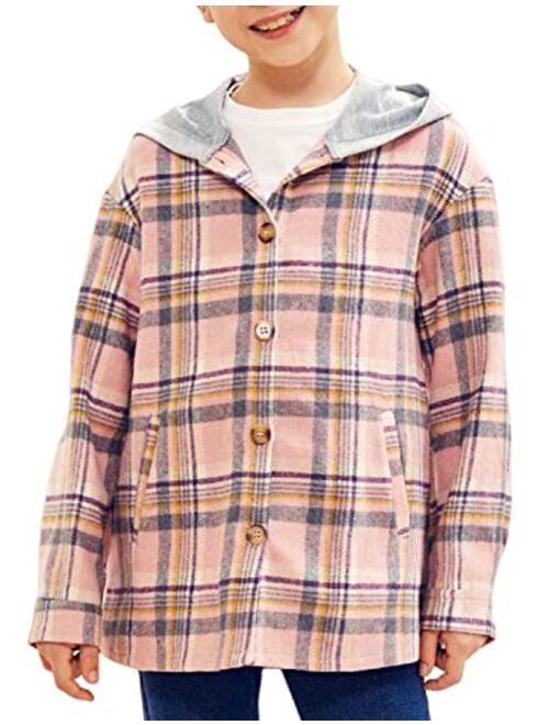 Tymidy Girls Cute Flannel Plaid Button Down Top with Pockets Long Sleeve Hooded Jacket