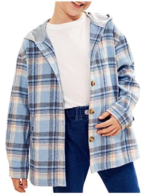 Tymidy Girls Cute Flannel Plaid Button Down Top with Pockets Long Sleeve Hooded Jacket