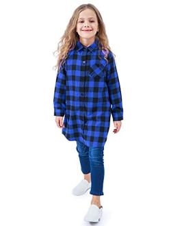 OCHENTA Girls' Long Sleeve Button Down Plaid Flannel Shirt Dress