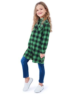 OCHENTA Girls' Long Sleeve Button Down Plaid Flannel Shirt Dress