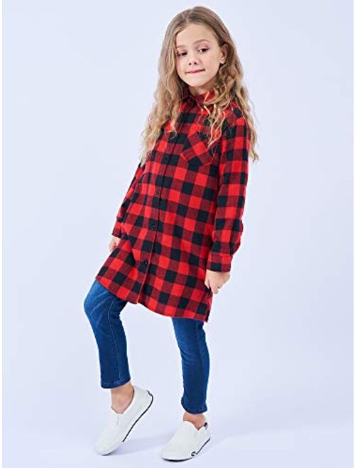 OCHENTA Girls' Long Sleeve Button Down Plaid Flannel Shirt Dress