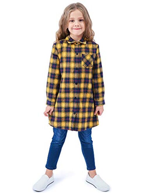 OCHENTA Girls' Long Sleeve Button Down Plaid Flannel Shirt Dress