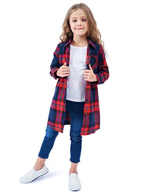 OCHENTA Girls' Long Sleeve Button Down Plaid Flannel Shirt Dress