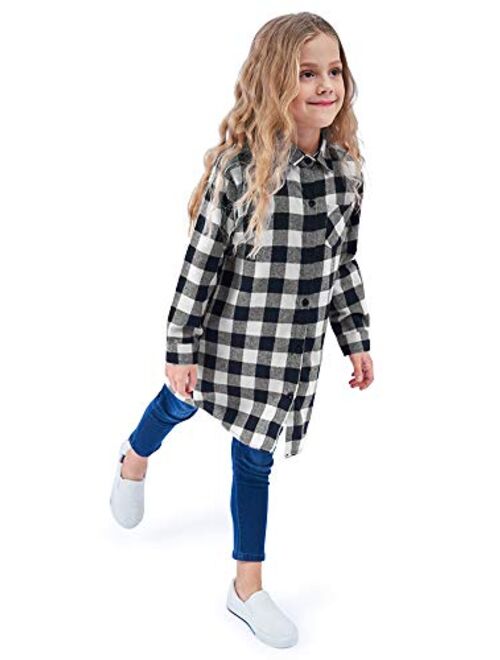 OCHENTA Girls' Long Sleeve Button Down Plaid Flannel Shirt Dress