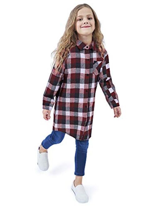 OCHENTA Girls' Long Sleeve Button Down Plaid Flannel Shirt Dress