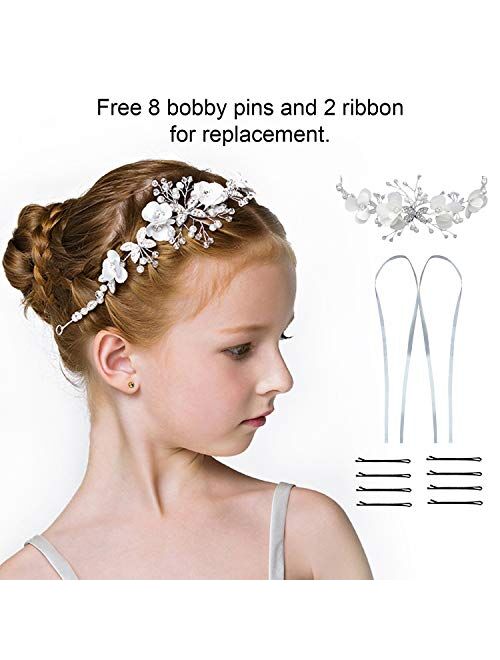 WILLBOND 2 Pieces Wedding Flower Crown Princess Wedding Headpiece Communion Veil Crystal Hair Pieces Tiara for Girls Wedding and Flower Girls