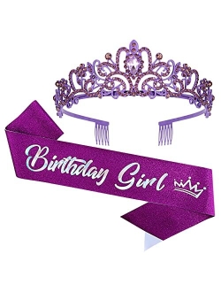 VELSCRUN Birthday Tiaras for Girls Birthday Crown Sash Happy Birthday Girl Tiara