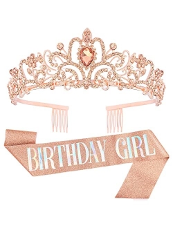 VELSCRUN Birthday Tiaras for Girls Birthday Crown Sash Happy Birthday Girl Tiara