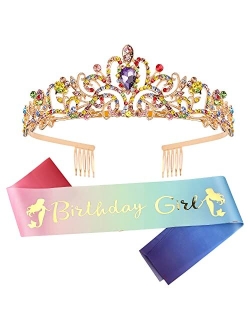 VELSCRUN Birthday Tiaras for Girls Birthday Crown Sash Happy Birthday Girl Tiara