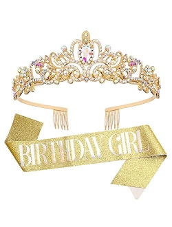 VELSCRUN Birthday Tiaras for Girls Birthday Crown Sash Happy Birthday Girl Tiara