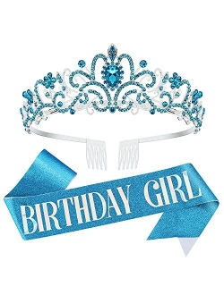 VELSCRUN Birthday Tiaras for Girls Birthday Crown Sash Happy Birthday Girl Tiara