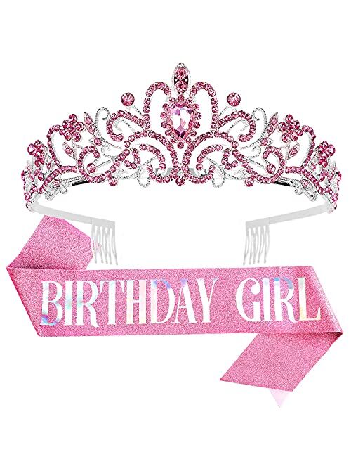 VELSCRUN Birthday Tiaras for Girls Birthday Crown Sash Happy Birthday Girl Tiara