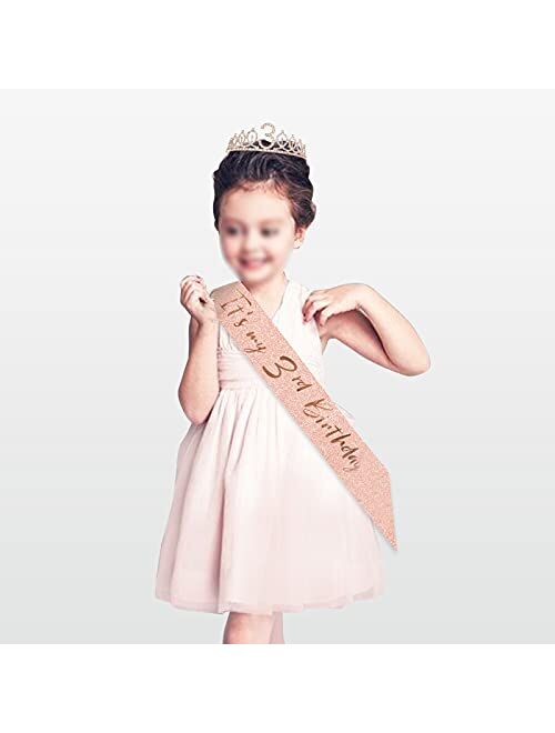 BRT Bearingshui 3rd Birthday Sash and Tiara for Girls, Rose Gold Birthday Sash Crown 3 & Fabulous Sash and Tiara for Girls, 3rd Birthday Gifts for Happy 3rd Birthday Part