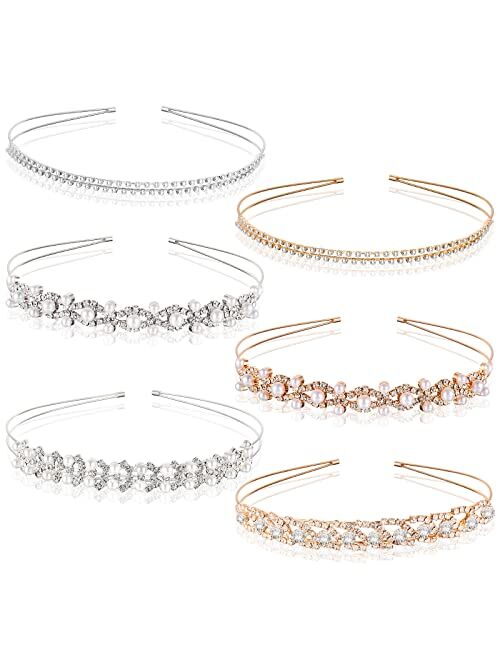 Dilunave 6 Pcs Crystal Headband Diamond Headband Rhinestones Pearls Thin Headbands Girls Tiara Gold Headband Silver and Pearl Headband for Women Child Brides Wedding Part