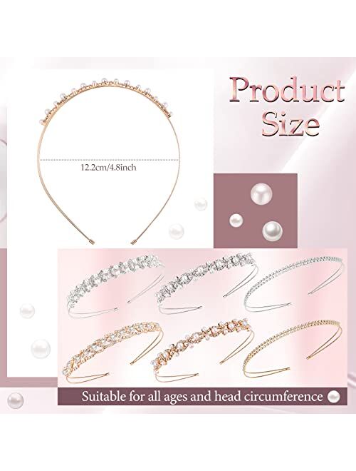 Dilunave 6 Pcs Crystal Headband Diamond Headband Rhinestones Pearls Thin Headbands Girls Tiara Gold Headband Silver and Pearl Headband for Women Child Brides Wedding Part