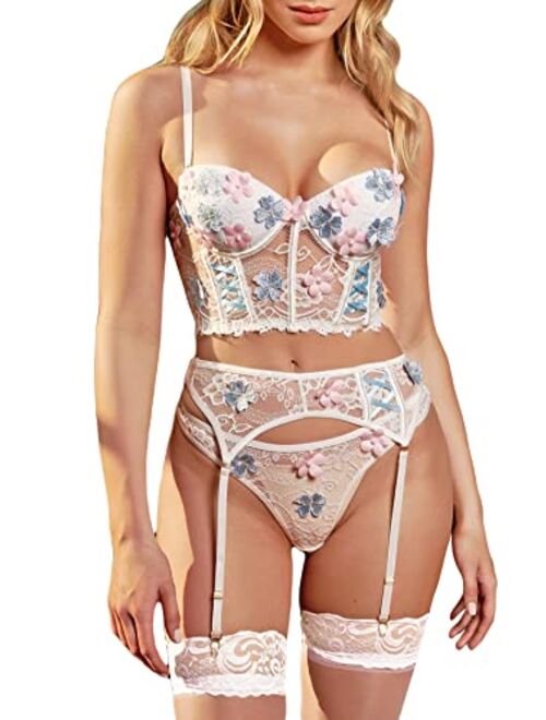 WDIRARA Women's 4 Piece Floral Lace Push Up Sexy Lingerie Set with Garter and Stockings