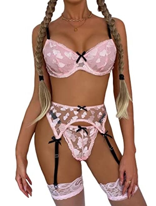 WDIRARA Women's 4 Piece Floral Lace Push Up Sexy Lingerie Set with Garter and Stockings