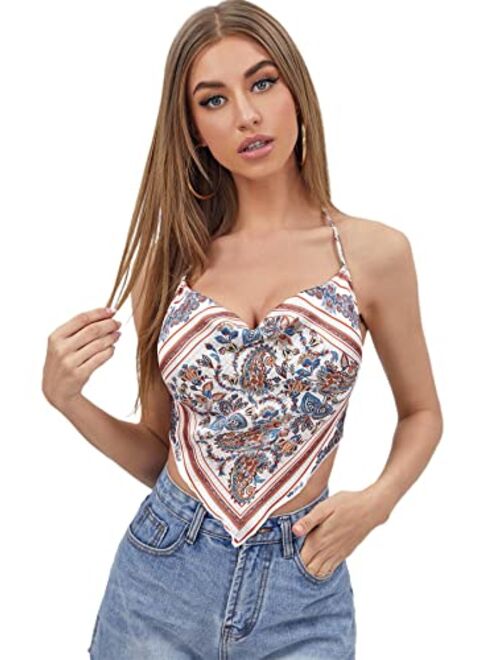 SOLY HUX Women's Spaghetti Strap Asymmetrical Hem Bandana Cami Crop Top