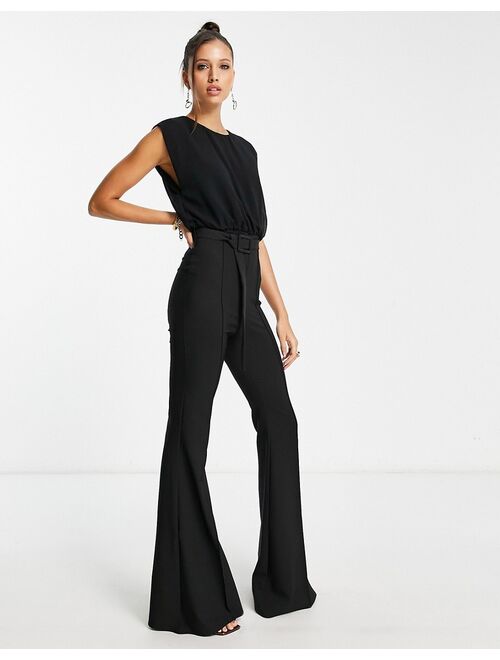 ASOS DESIGN chiffon top belted flared leg jumpsuit in black