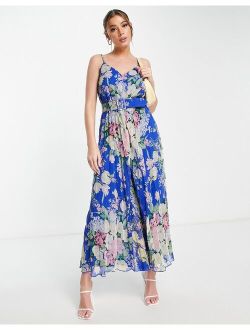 pleated cami jumpsuit with waist belt in floral print