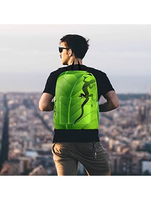 ZzWwR Lizard Gecko Shape on Green Leaf Large Portable Laptop Backpack Durable Travel Computer Bag for Men Women School Bookbag Work