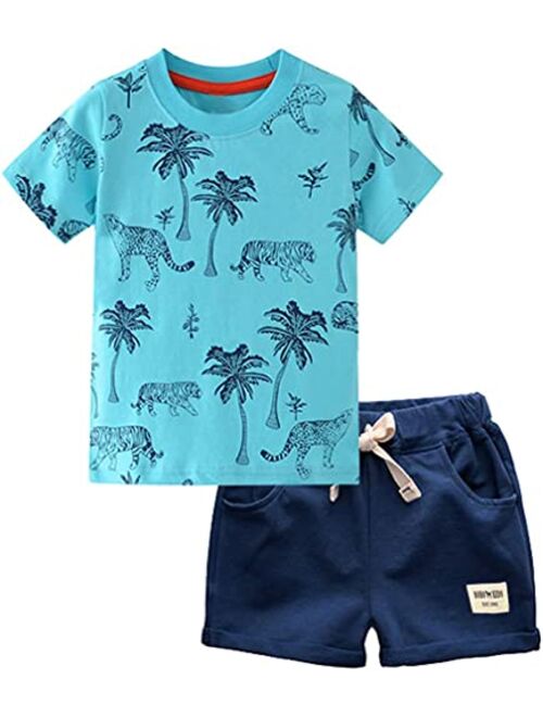 GLEAMING GRAIN Little Boys Shorts Set Toddler Boys 100% Cotton Summer Short Sleeve T-Shirts and Shorts Clothing Sets 2PCS