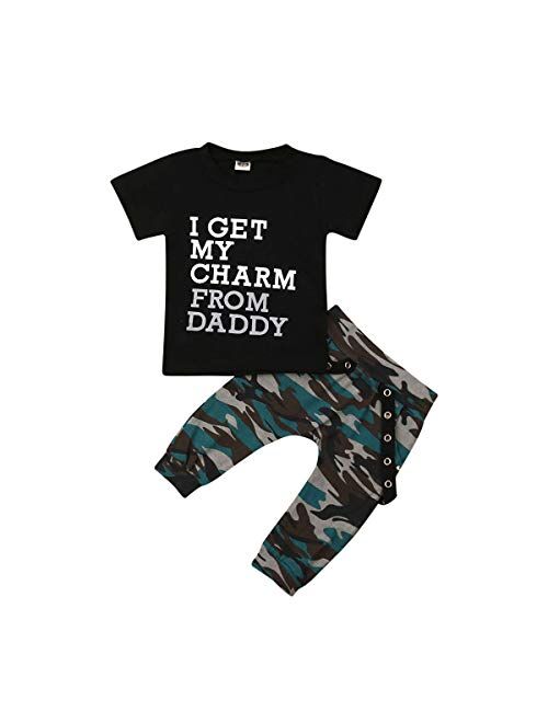 Madjtlqy Toddler Baby Boy Girl Camo Pants Clothes Short Sleeve Letter Printed Tee T-Shirt 2pcs Camouflage Outfits Set