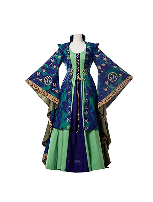 Fortunehouse Sfwxcos Witch Cosplay Halloween costume hocus pocus Dress Medieval Green Renaissance Dress Robe Sets for Women