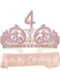 DORADREAMDEKO 4th Birthday, 4th Birthday Decorations for Girls, 4th Birthday Gift,4th Birthday Gifts for Girls, 4th Birthday Tiara and Sash, 4th Birthday Tiara and Sash P