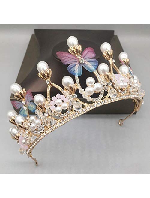 COCIDE Butterfly Tiara and Crown for Girls Gold Tiara for Women Pearl Headband Hair Accessories for Birthday Party Wedding Flower Girl Decoration Accessory