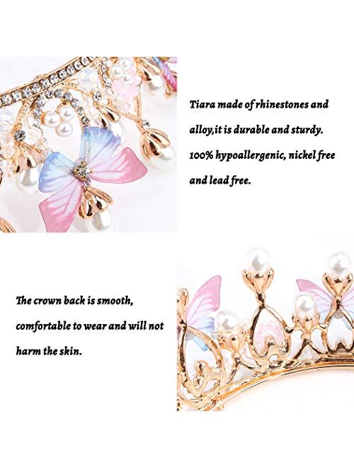 COCIDE Butterfly Tiara and Crown for Girls Gold Tiara for Women Pearl Headband Hair Accessories for Birthday Party Wedding Flower Girl Decoration Accessory